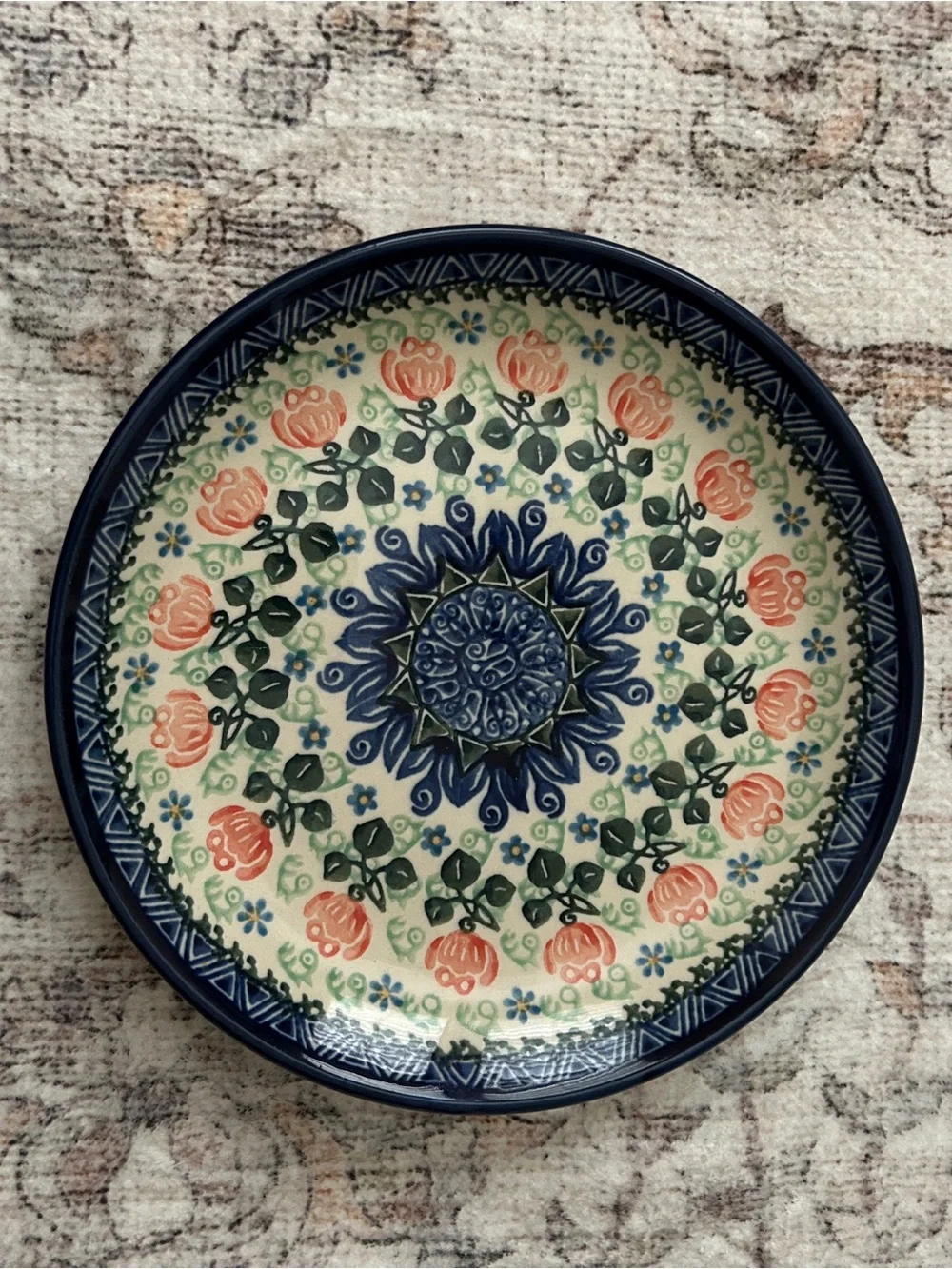 Handmade Polish Pottery Ceramic plate ceramika artystyczna plate Blue Pinkfloral